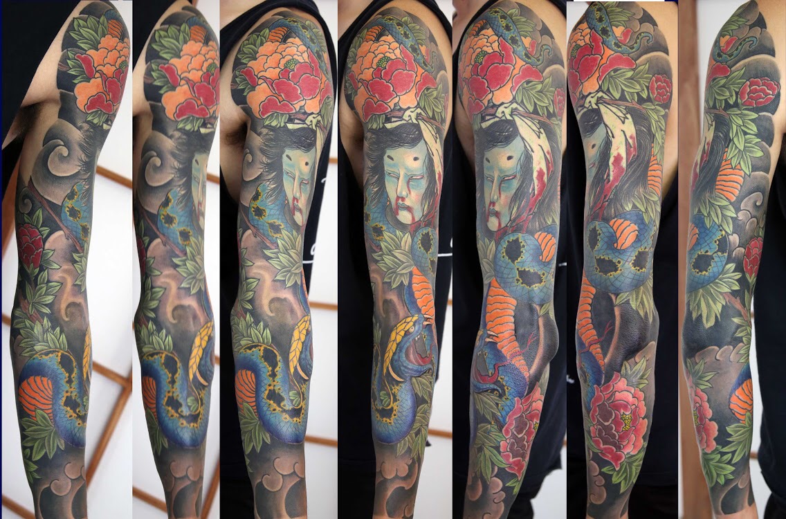 very colorful art of japanese style tattoo, foo dog,...